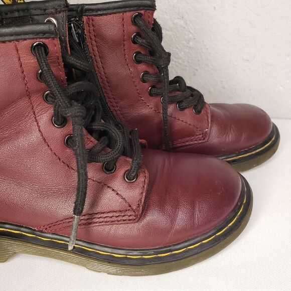 Dr Doc Martens Burgandy Leather Combat Boots Youth Kids Girls Size 12 US 1460J - Picture 4 of 16